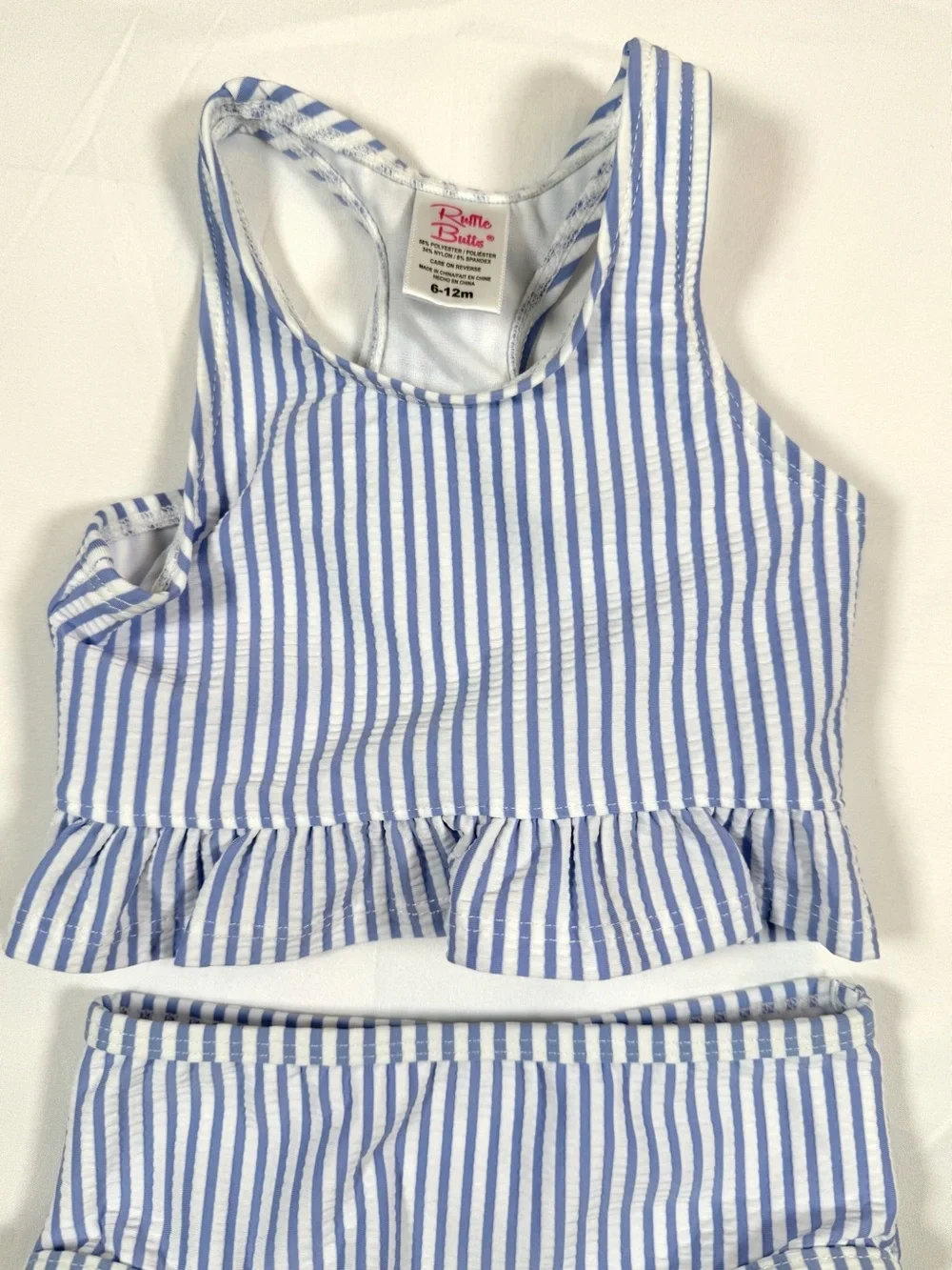RUFFLE BUTTS Blue White Seersucker Stripe Two Piece Swimsuit Bikini Set 6-12M